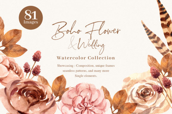 Boho Flowers and Leaf Wedding Watercolor Design Elements