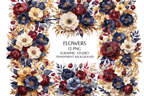 Elegant Blue & Gold Watercolor Florals for Creative Projects